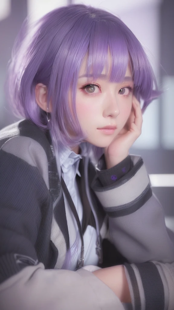 A girl with purple hair and a grey jacket, Realistic Anime 3D Style, Anime realism style, Realistic anime art style, Photorealistic Animation, Anime Girl Cosplay, Photorealistic Animation girl render, Realistic young anime girl, Anime portrait of Shiina Ringo, Beautiful anime school girl, Smooth anime CG art, a Surreal school girl, Surreal school girl