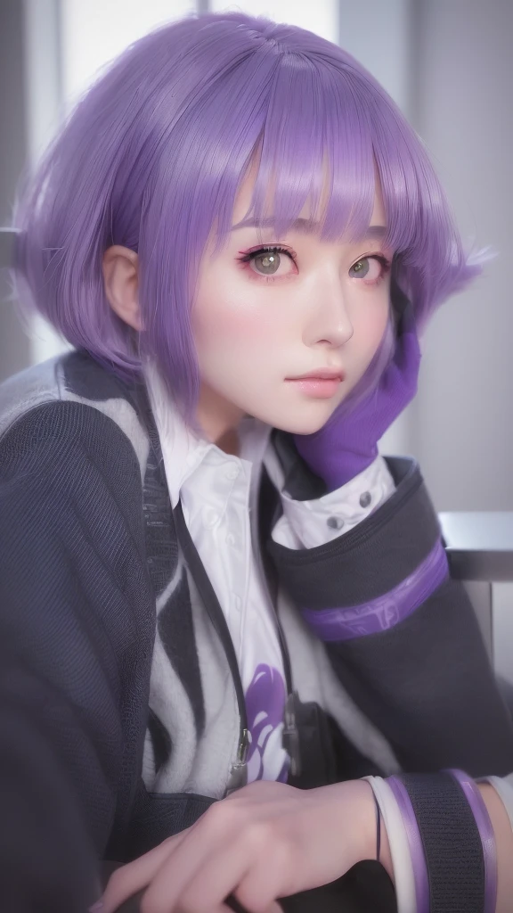 A girl with purple hair and a grey jacket, Realistic Anime 3D Style, Anime realism style, Realistic anime art style, Photorealistic Animation, Anime Girl Cosplay, Photorealistic Animation girl render, Realistic young anime girl, Anime portrait of Shiina Ringo, Beautiful anime school girl, Smooth anime CG art, a Surreal school girl, Surreal school girl