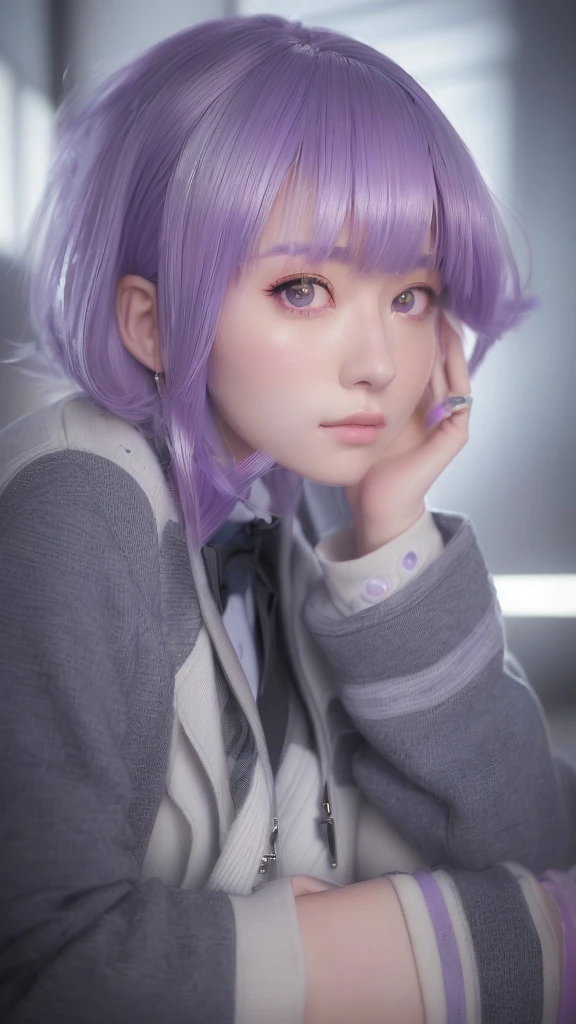 A girl with purple hair and a grey jacket, Realistic Anime 3D Style, Anime realism style, Realistic anime art style, Photorealistic Animation, Anime Girl Cosplay, Photorealistic Animation girl render, Realistic young anime girl, Anime portrait of Shiina Ringo, Beautiful anime school girl, Smooth anime CG art, a Surreal school girl, Surreal school girl