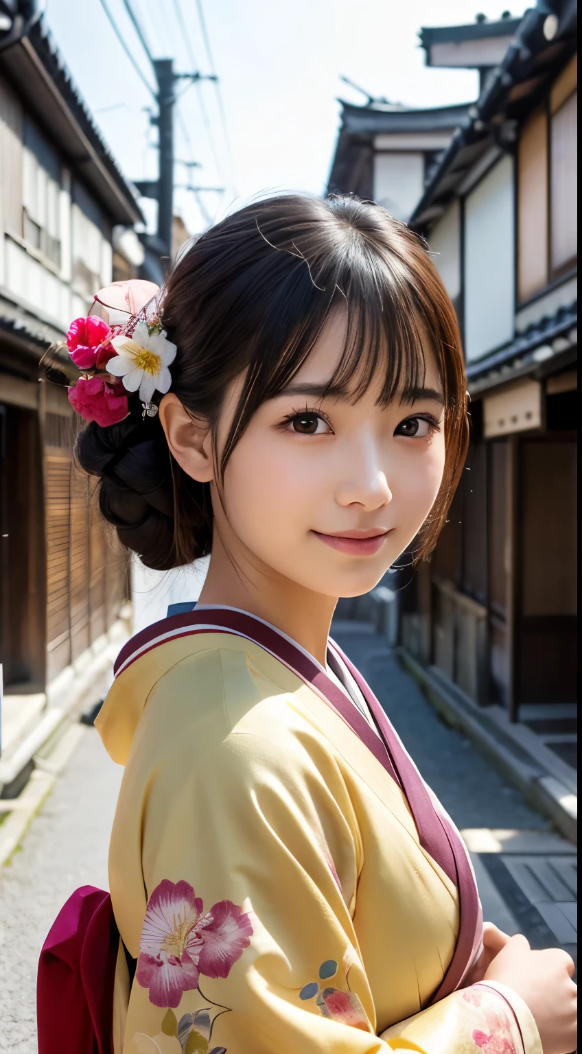 Professional Lighting,(Realistic:1.4), (Top image quality:1.0), (超High resolution:1.0), 8k, Raw photography, (masterpiece:0.2), (Dealing with the Children_v1:0.5)、(最高quality Detail:1.2)、Realistic、8kウルトラHD、High resolution、(1 girl:1.2)、超detailedな、High quality textures、複雑なdetailed、detailed、Very detailed CG、High quality shadows、detailed 美しく繊細な顔、Beautiful details and a delicate eye、(Symmetrical eyes:1.2),Written boundary depth、Ray Tracing,1 girl, Japanese Girls, (Natural smile:1.4),cute, thin, Portrait of a beautiful Japanese woman in a kimono, Standing elegantly on a street corner in Kyoto. Kimono with vibrant traditional patterns, Hair decorated with elegant and delicate hairpins, Gentle expression. (With the old streets of Kyoto in the background:1.4)、The soft light of a spring afternoon、Adding tranquility to the scene. Rendered in a Realistic style with great attention to detail, High resolutionの画像.Sky Porn, Magic Hour, (Realistic:1.3), finely, quality, (Tabletop:1.2), (Realistic:1.2), (最高quality), (複雑なdetailed), dramatic, Ray Tracing, photograph, +roller