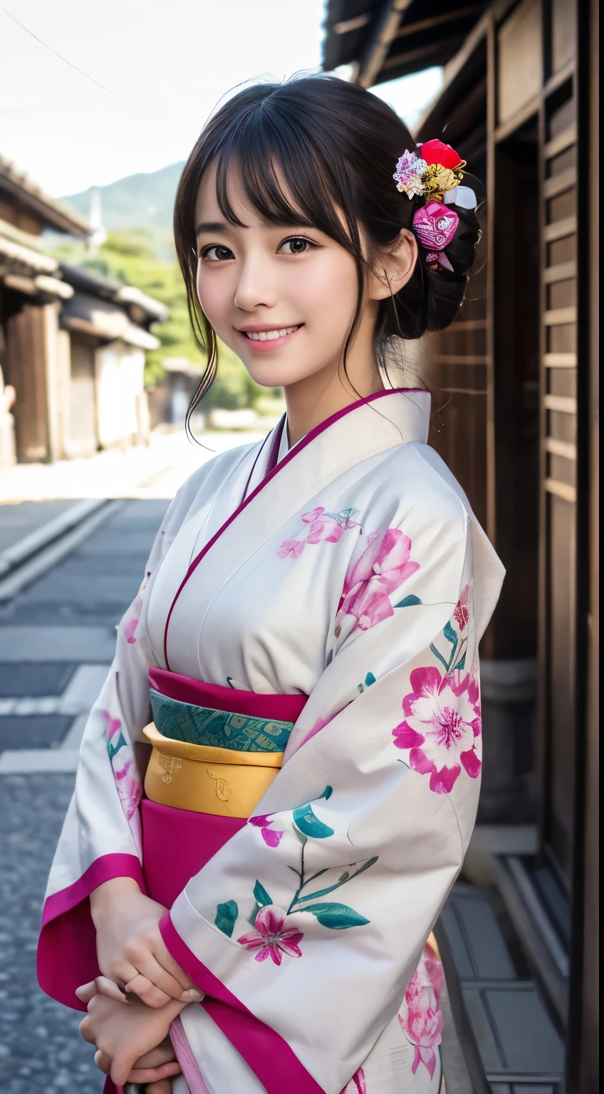 Professional Lighting,(Realistic:1.4), (Top image quality:1.0), (超High resolution:1.0), 8k, Raw photography, (masterpiece:0.2), (Dealing with the Children_v1:0.5)、(最高quality Detail:1.2)、Realistic、8kウルトラHD、High resolution、(1 girl:1.2)、超detailedな、High quality textures、複雑なdetailed、detailed、Very detailed CG、High quality shadows、detailed 美しく繊細な顔、Beautiful details and a delicate eye、(Symmetrical eyes:1.2),Written boundary depth、Ray Tracing,1 girl, Japanese Girls, (Natural smile:1.4),cute, thin, Portrait of a beautiful Japanese woman in a kimono, Standing elegantly on a street corner in Kyoto. Kimono with vibrant traditional patterns, Hair decorated with elegant and delicate hairpins, Gentle expression. (With the old streets of Kyoto in the background:1.4)、The soft light of a spring afternoon、Adding tranquility to the scene. Rendered in a Realistic style with great attention to detail, High resolutionの画像.Sky Porn, Magic Hour, (Realistic:1.3), finely, quality, (Tabletop:1.2), (Realistic:1.2), (最高quality), (複雑なdetailed), dramatic, Ray Tracing, photograph, +roller