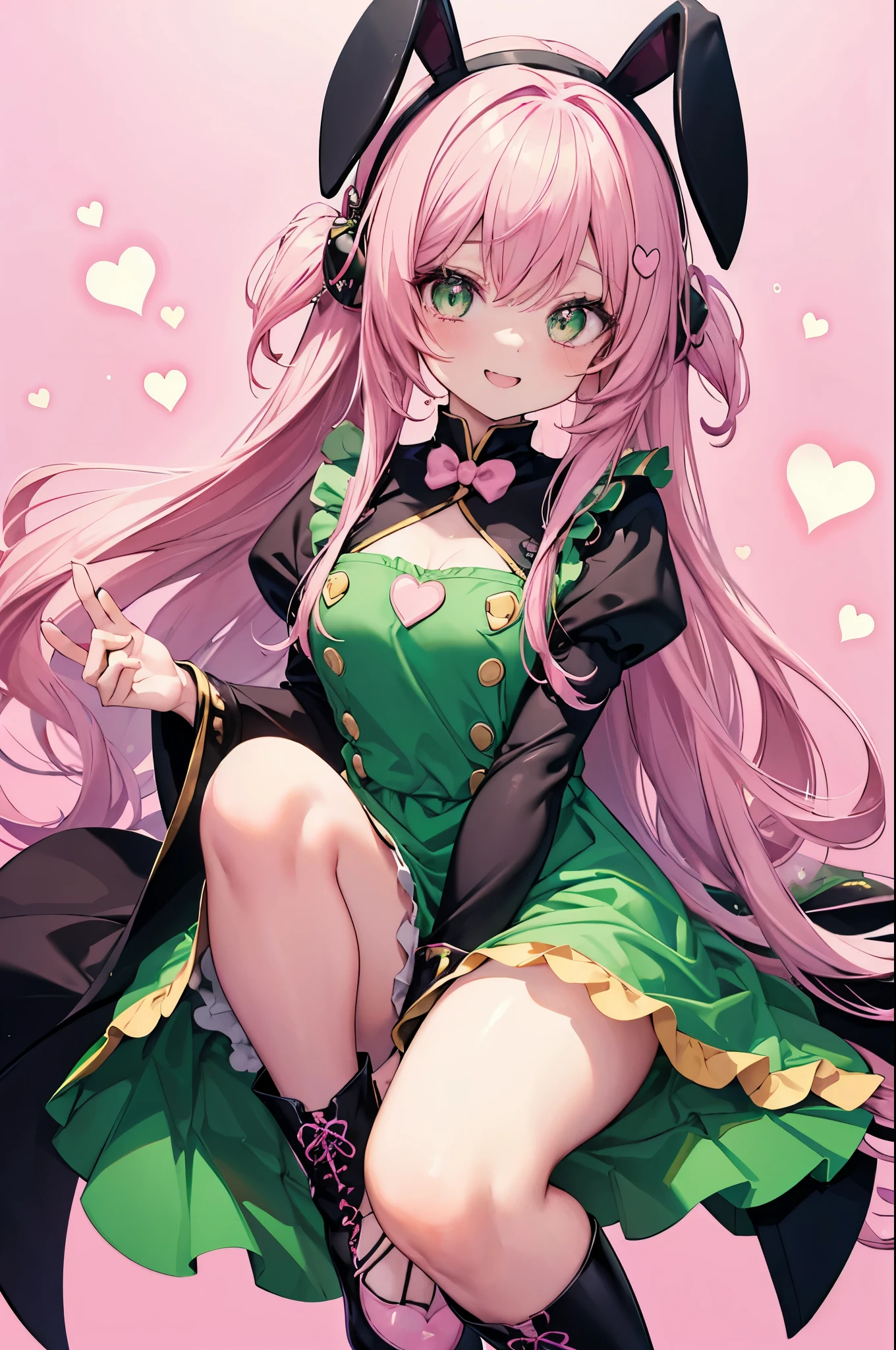 One woman,((Put on rabbit ears,Cosplay)) Jade Eyes,Bright eyes, long hair,Green maid outfit, black boots,Below the knees, very cute, very smiling,front,Showing a little teeth Background(Pink Background,Lots of hearts) Super anime style, a masterpiece,Shining Edge
