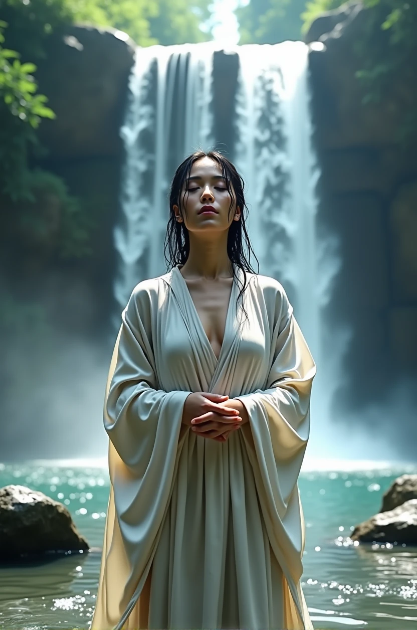 Illustrate a woman undergoing spiritual training by standing under a waterfall, her wet kimono clinging to her body and revealing her translucent skin. Capture the serene and introspective atmosphere of the scene, with the woman's closed eyes and serene expression conveying her deep focus and dedication to her mental and physical discipline. Use a muted color palette to enhance the tranquility of the surroundings, with the waterfall cascading down from a rocky cliff and the surrounding foliage adding a sense of natural beauty and isolation. Pay attention to the details of the woman's wet kimono, with its intricate patterns and folds, as well as the gentle play of light and shadow on her skin. Depict the water droplets falling from her hair and the mist rising from the water, creating a sense of movement and energy in the image. Overall, create an image that represents the transformative power of nature and the inner strength of the woman undergoing her spiritual journey.
