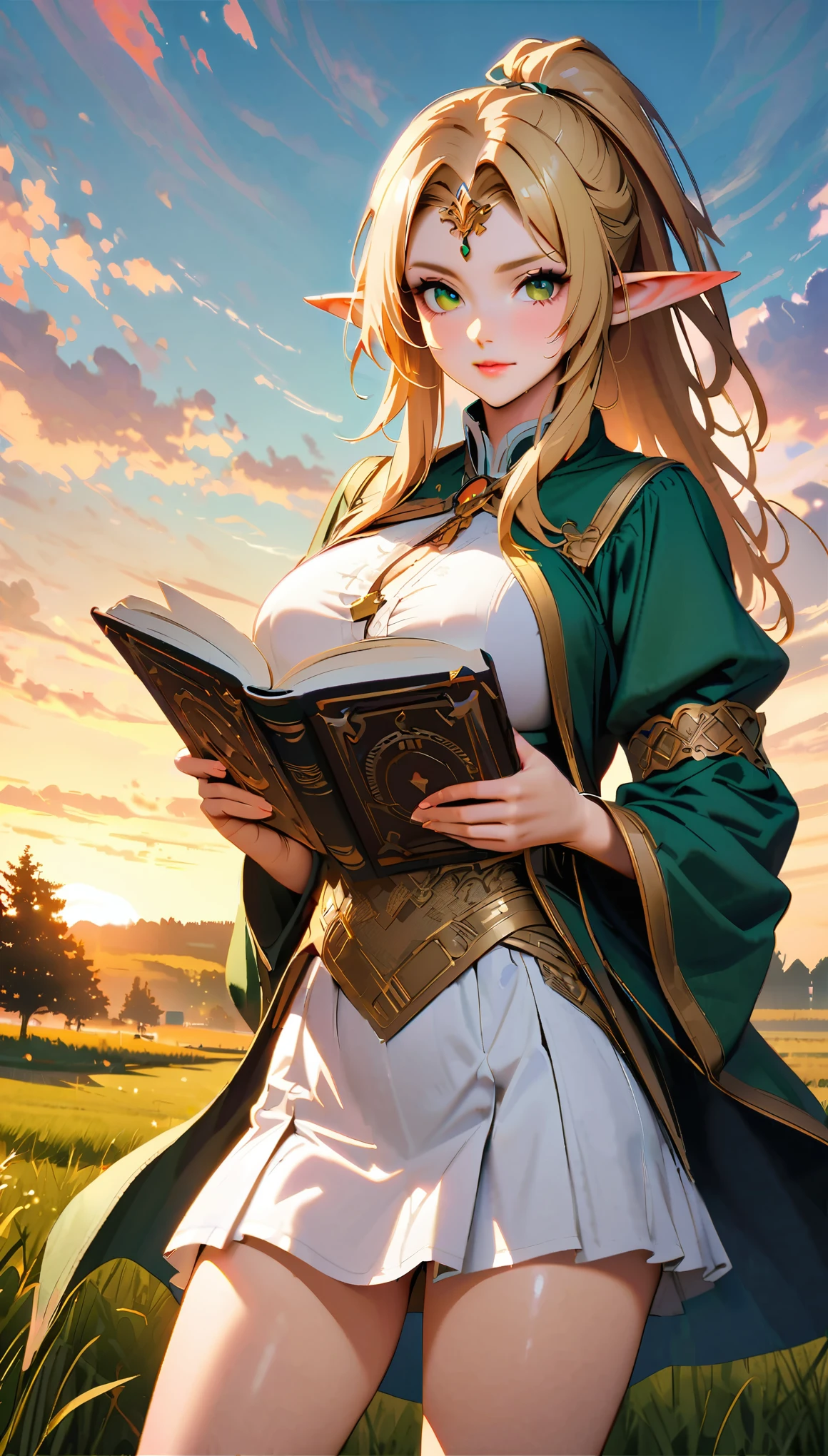 ((Fantasy art style, Digital Art)), (Elf Woman), One Woman, Very detailedな肌, (White mini skirt with gold embroidery), (Blonde high ponytail), (Shiny dark green eyes), (Green surcoat with gold embroidery), Big Breasts, (((Suburban Plains)), (Use magic with a book in hand)), Magic circle at your feet, Drop one's gaze to the book, Particles of light flying, Spirit Light, It gets dark, (Highest quality:1.2, Very detailed, Ultra-high resolution, masterpiece:1.2, Best aesthetics).