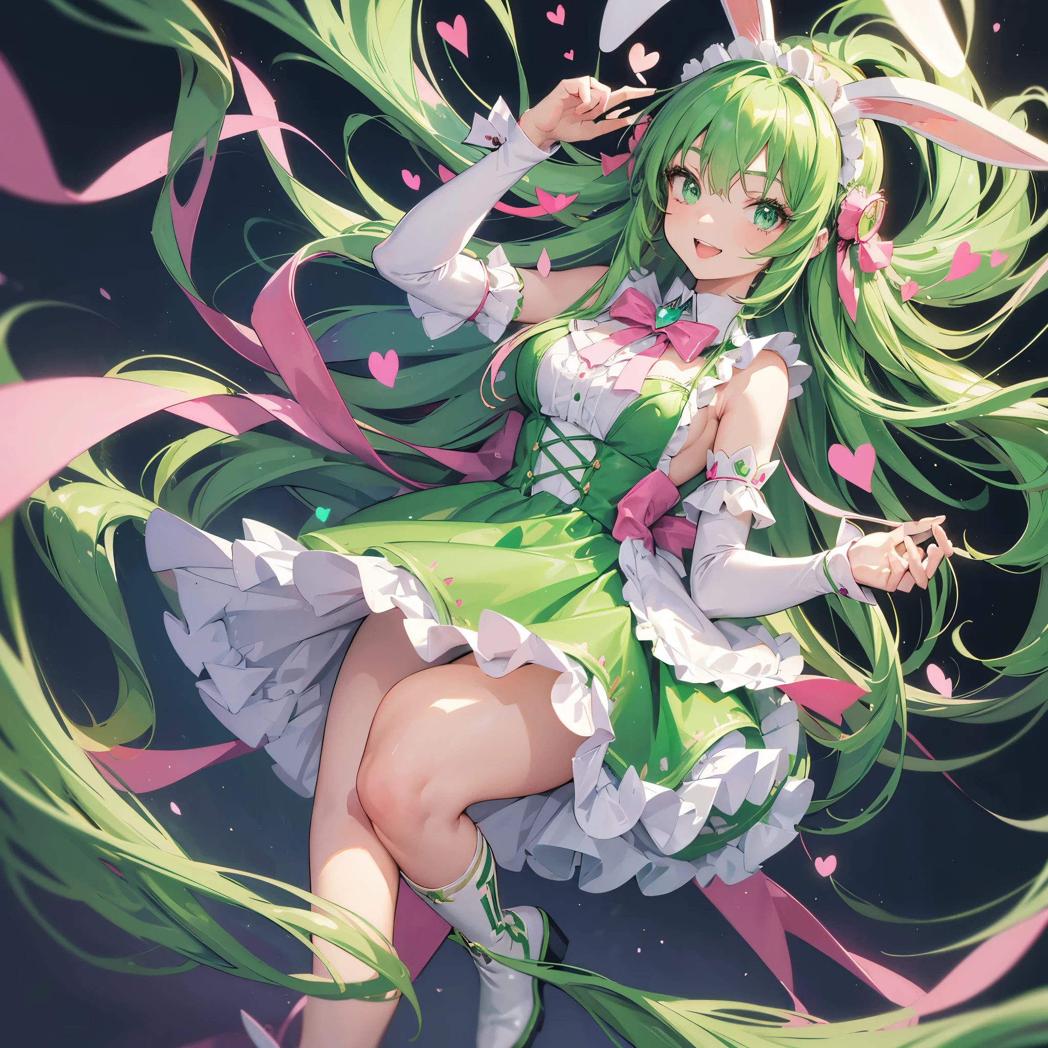 One woman,((Put on rabbit ears,Cosplay 20 years old,A little more mature atmosphere)) Green Eyes,Super Shining,Crystal long hair,green,Fluffy hair, maid outfit, black boots,A big smile down to my knees,front,Showing a little teeth Background(Pink Background,Lots of hearts) Super anime style, a masterpiece,Shining Edge
