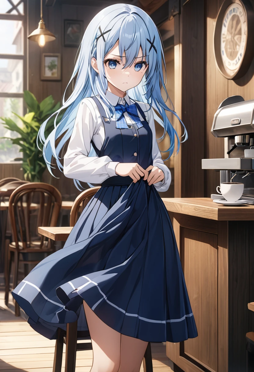 (Highest quality:1.2), (Ultra-high resolution:1.2), Intricate details, Official Art, Beautiful artwork, Game CG, Soft Focus, One girl, alone, Beautiful face in every detail, (Disgust),Small breasts, (Thighs:0.8), Long Hair, Blue Hair, Hair between the eyes, hair ornaments, x hair ornaments, blue eyes, Hair Clip, shirt, Best, light Blue Hair, Long sleeve, white shirt, blue Best, waitress, Long skirt, bow, bowtie, blue bowtie, indoor, Wooden table, Wooden chair, Coffee cup, Cafe, ((Skirt Lift,Pussy in full view))