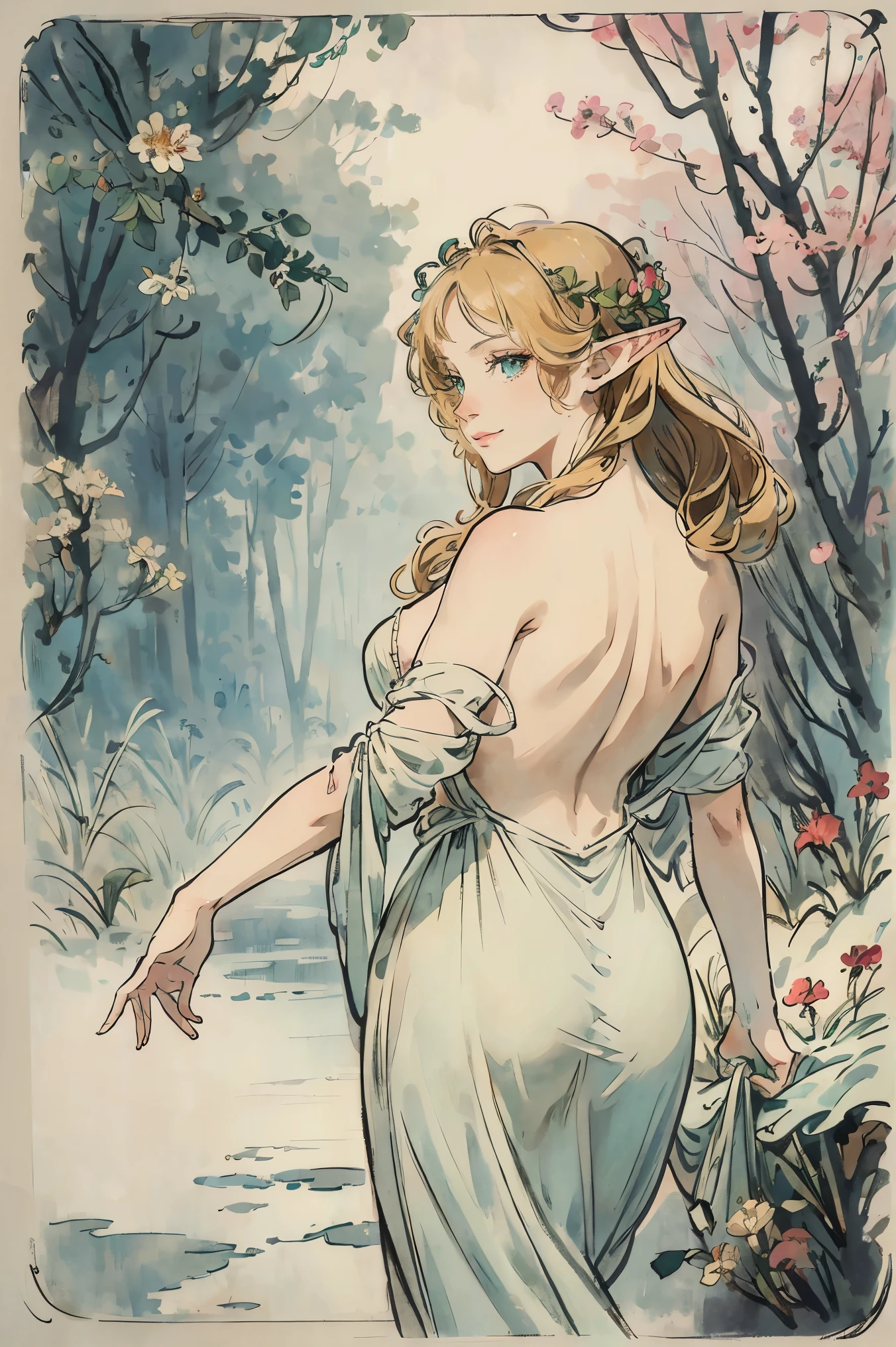 SFW,masutepiece, Best Quality, High resolution, 1girl in, Full body, Details Girl, detail hands, Detail fingers, Detail Face, detail legs, 1girl in, elf, age,Looking down, Flower Garden, Black sky, smog, watercolor paiting, pale skin, , Blonde hair, Long hair, Wavy Hair, saddened, mournful smile, Green eyes, tareme, medium breasts, white sundress, Bare back, Planting trees