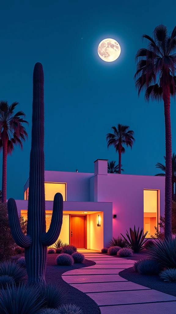 'A house of modern architecture under a moonlit night. Cacti and palm trees in the front yard, illuminated by neon sign-like hues."