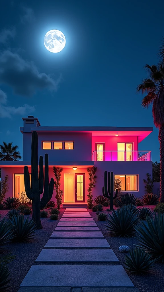 'A house of modern architecture under a moonlit night. Cacti and palm trees in the front yard, illuminated by neon sign-like hues."
