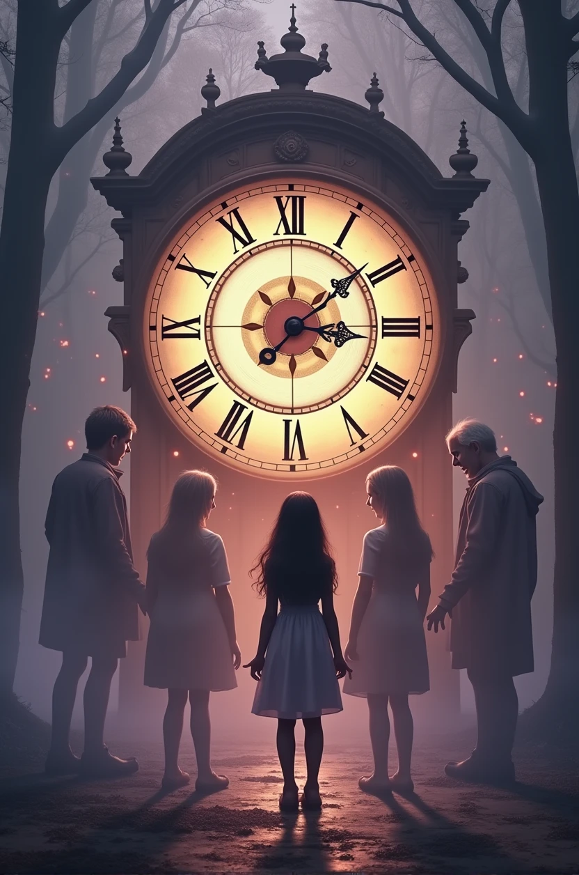 Time-Manipulating Girl:
"A mystical scene with a young girl standing before an enormous antique clock. Her figure is replicated in seven transparent versions, ranging from  to elderly, radiating from her current self at the center. The background is a misty, enchanted forest. The clock face features symbols of life events instead of numbers. Overall color scheme is deep purples and golds, representing the flow of time. Hyper-realistic style, with sharp details and magical particle effects. Soft, ethereal lighting emphasizes the supernatural atmosphere."