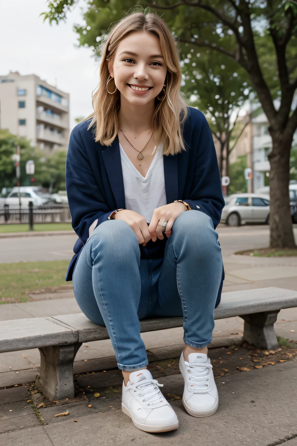 Highest quality, Woman sitting on a park bench、Full body photo、,smile、Beautiful teeth alignment、White women、Blonde Hair、Dark eyeliner、ウェーブのかかった髪、、レザージャケット、Skinny jeans、sneakers、ear piercing、necklace, , Face Focus、The background is the building&#39;s corridor.