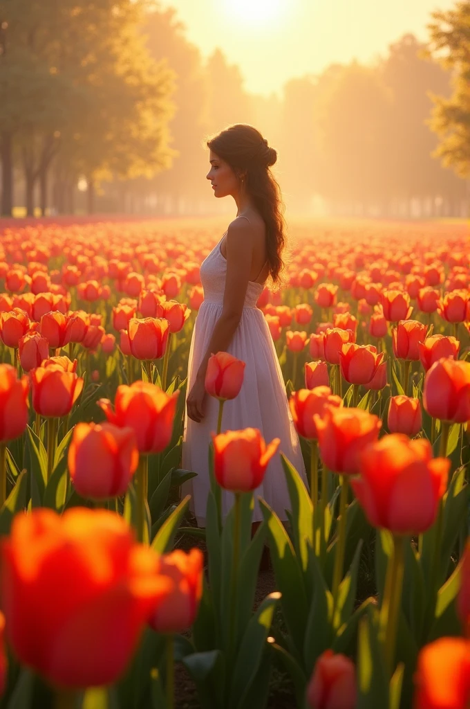 1girl, A field of vibrant tulips, beautiful detailed petals, lush green foliage, serene countryside landscape, warm golden hour lighting, (4k,8k,highres:1.2), ultra-detailed, HDR, UHD, studio lighting, ultra-fine painting, sharp focus, physically-based rendering, extreme detail description, professional, vivid colors, landscape, natural lighting, scenic, idyllic, masterpiece, best quality, very aesthetic, absurdres