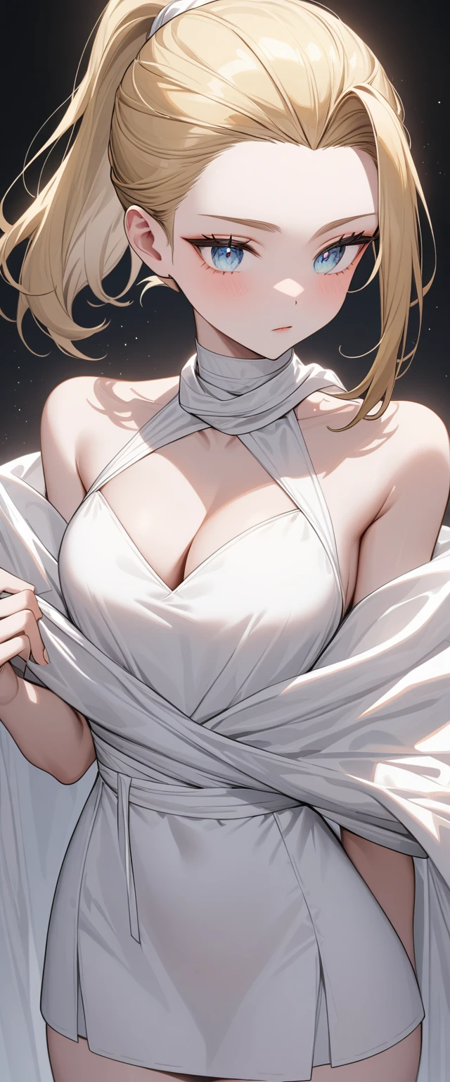 A goddess in very thin clothes Divine decoration Big iridescent eyes Blonde ((Short Hair)) ponytail Hair tied up high Center part with bangs swept up Pulling up bangs forehead ((slicked back hair)) Forehead An oversized dress made of fabric that crosses over the neck There are folds in the clothes Cleavage Very detailed Pure white cloth mini skirt Upper Body