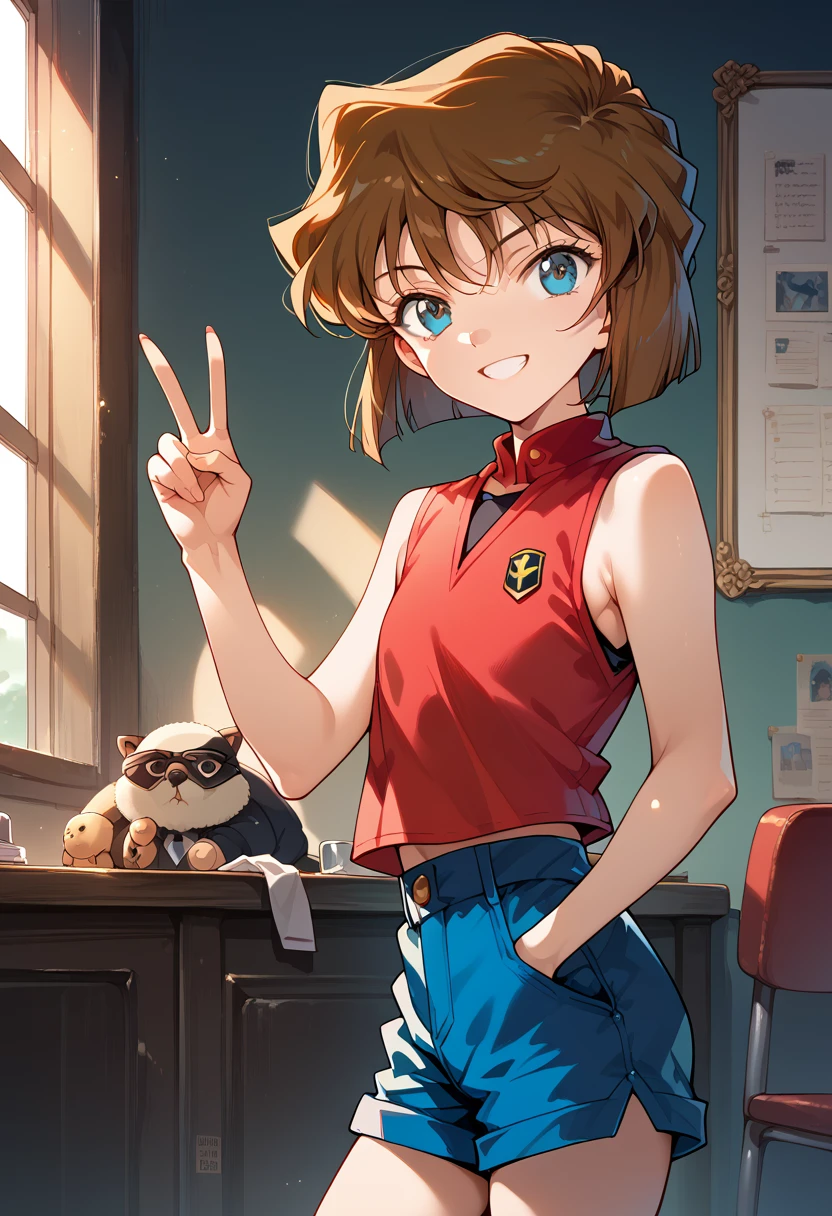 masterpiece,High resolution,Highest quality,8k (Detective Conan,ai haibara) (***************,,Flat Chest,Short,Brown Hair,short hair) (Red sleeveless,Navy blue shorts)smile,Nikoli,peace sign,Western-style room