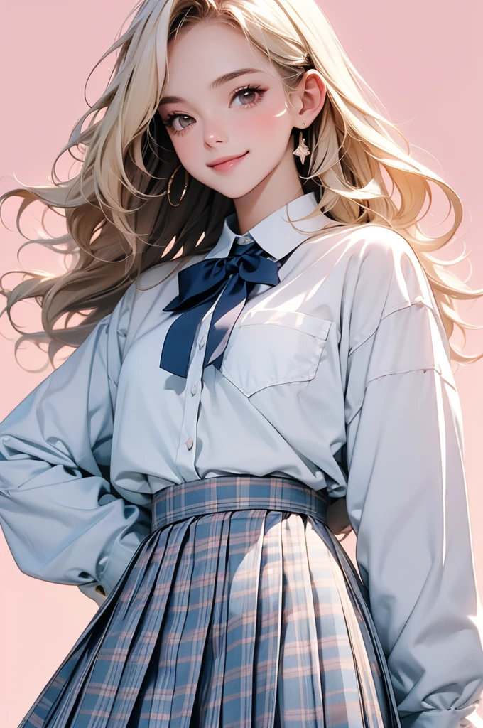 high resolution,smile,happy,light smile,woman,woman1人,adult,Clear,cute, Blonde Hair,BREAK, Brown eyes,BREAK,wavy hair,long hair,BREAK, high school girl,uniform,White Y-shirt,Long sleeve Y-shirt,BREAK, Dark blue plaid skirt,Pleated skirt,BREAK,glitter hair pin, Facing forward,BREAK,Pink background,