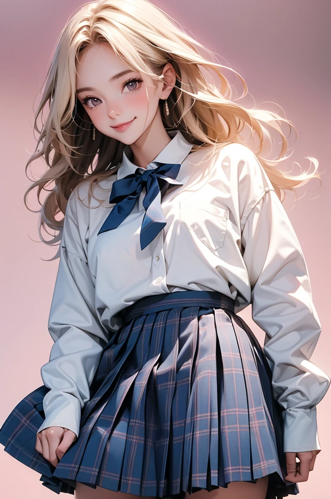 high resolution,smile,happy,light smile,woman,woman1人,adult,Clear,cute, Blonde Hair,BREAK, Brown eyes,BREAK,wavy hair,long hair,BREAK, high school girl,uniform,White Y-shirt,Long sleeve Y-shirt,BREAK, Dark blue plaid skirt,Pleated skirt,BREAK,glitter hair pin, Facing forward,BREAK,Pink background,