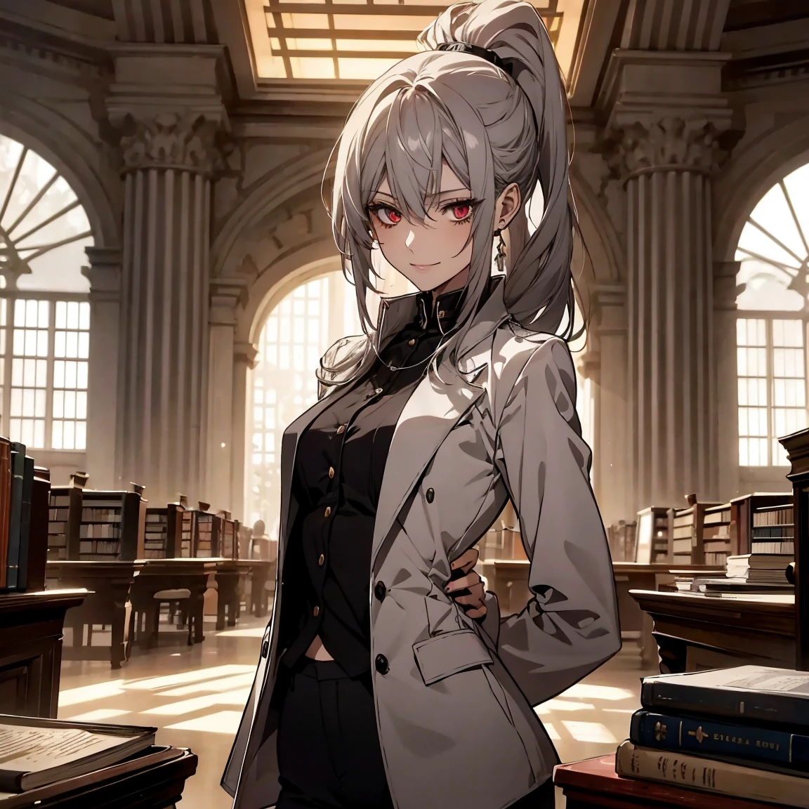 (Confused, High resolution, Very detailed), 1 female, Silver Hair,Long Hair,Crimson Eyes,Jackets and blouses,skinny pants,secretary,Low Ponytail,24th generation,Beautiful woman,mature,thin,quiet,Calm,Small breasts,A small smile,library