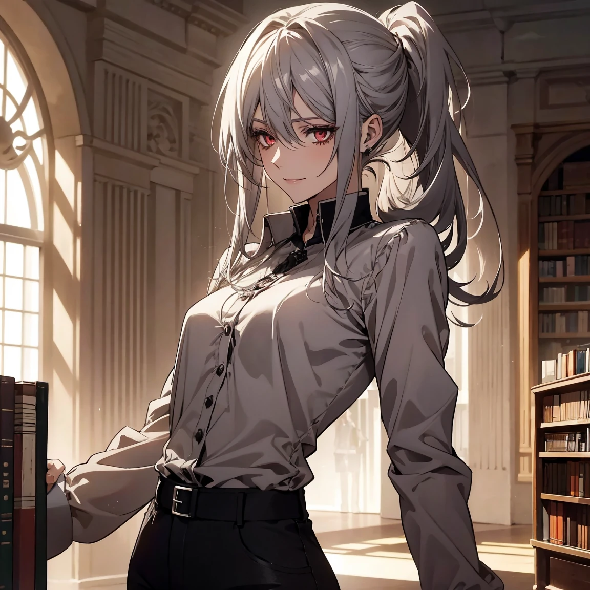 (Confused, High resolution, Very detailed), 1 female, Silver Hair,Long Hair,Crimson Eyes,Jackets and blouses,skinny pants,secretary,Low Ponytail,24th generation,Beautiful woman,mature,thin,quiet,Calm,Small breasts,A small smile,library