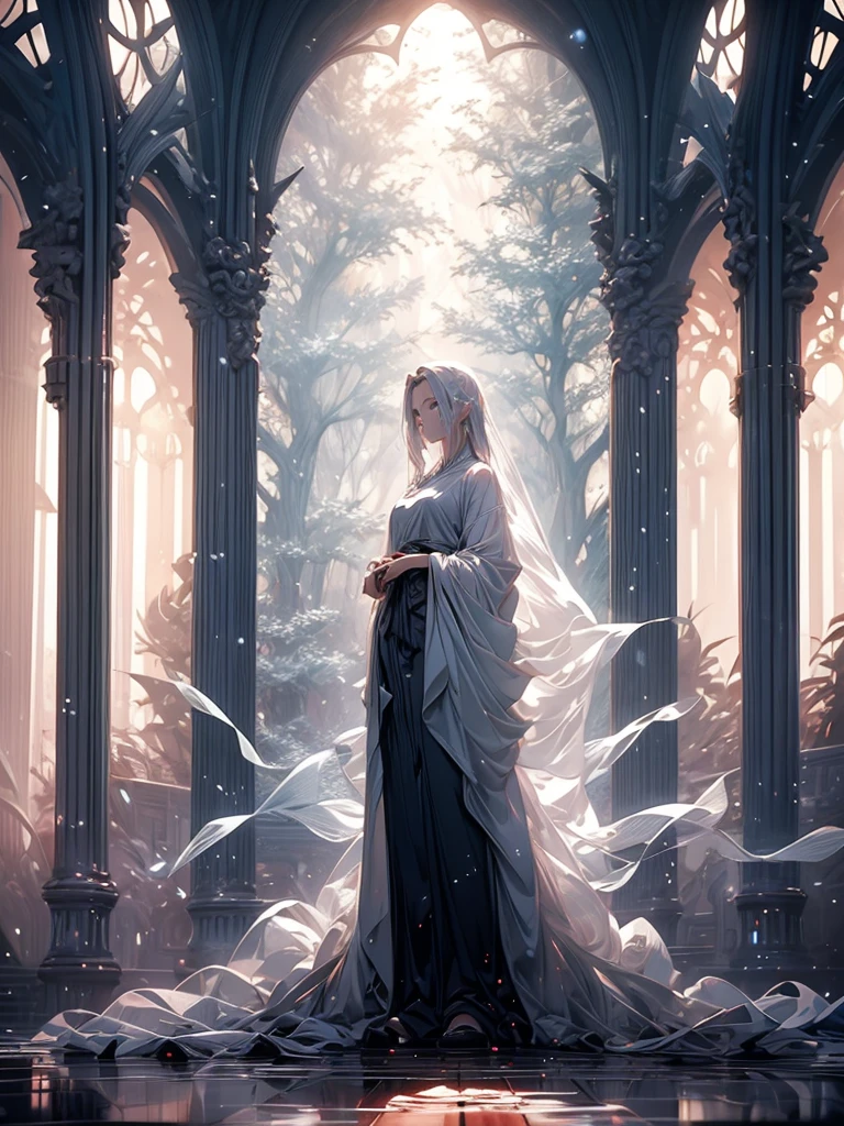 Beautiful girl in a transparent gray robe standing in a dark forest, Magnificent style, Octane Rendering, Desert Composition, Beautiful Face, Surreal, Oil on canvas, Awards, artwork, Art Station Trends, Studio Ghibli, Close-up of a girl