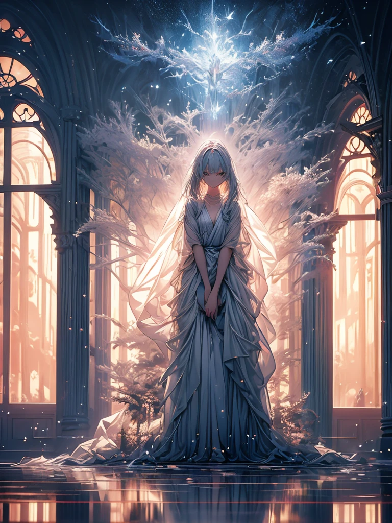 Beautiful girl in a transparent gray robe standing in a dark forest, Magnificent style, Octane Rendering, Desert Composition, Beautiful Face, Surreal, Oil on canvas, Awards, artwork, Art Station Trends, Studio Ghibli, Close-up of a girl