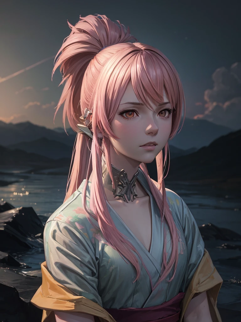 (masterpiece), anime, (photograph_(Moderate):1.0), Antonio J.. Manzanado, Jeremy Lipking, One girl, lightning, In a surreal landscape, Watercolor style, Strokes, Button unbuttoned, Orange eyes, ponytail, Pink Hair, cyber punk, kimono