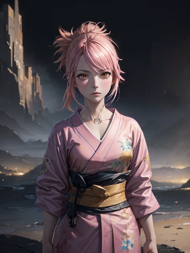 (masterpiece), anime, (photograph_(Moderate):1.0), Antonio J.. Manzanado, Jeremy Lipking, One girl, lightning, In a surreal landscape, Watercolor style, Strokes, Button unbuttoned, Orange eyes, ponytail, Pink Hair, cyber punk, kimono