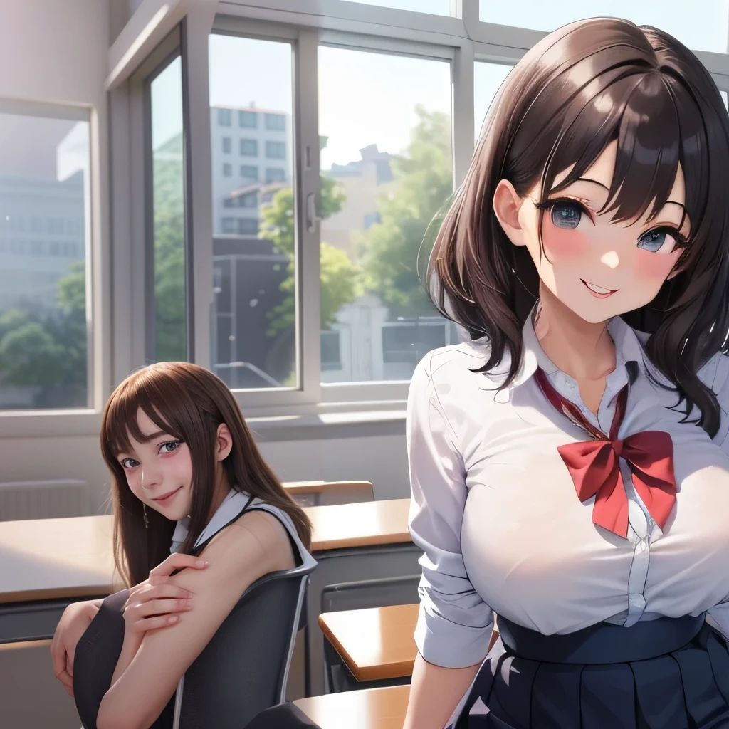 Full body, Japanese high school student, two lesbian couples, a girl with wavy hair and a girl with straight hair, cute, big eyes, small nose, big breasts, slender, shirt, classroom, cuddling, smiling,