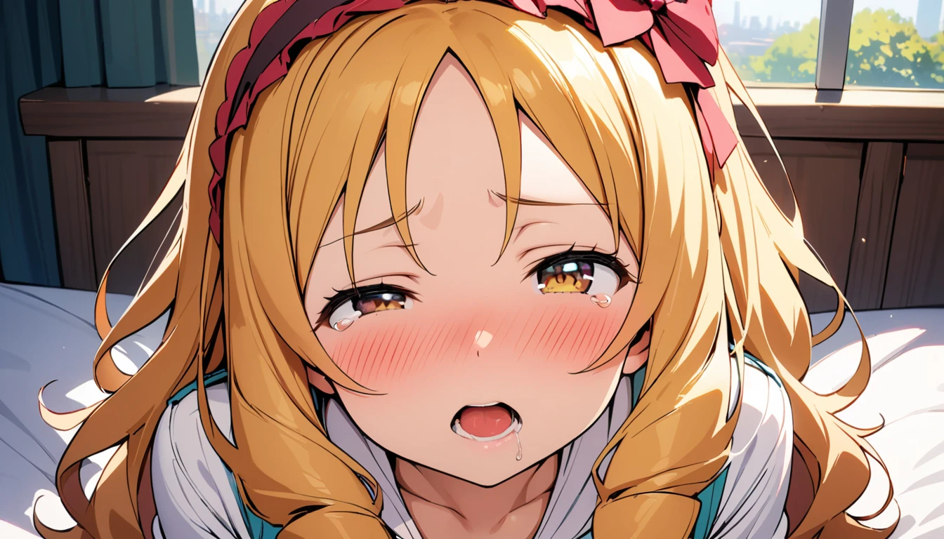 [1girl, yamada elf, eromanga sensei], beautiful detailed eyes, yellow eyes,(tareme:1.3), (half-closed eyes), (opened mouth), nsfw, curvy, Slender, (close-up mouth), Highest quality, Super detailed, masterpiece, Ultra-high resolution, 8k, Embarrassing, blush, Lovely, Close one eye, (With tears in her eyes and her mouth open), Sticky saliva
