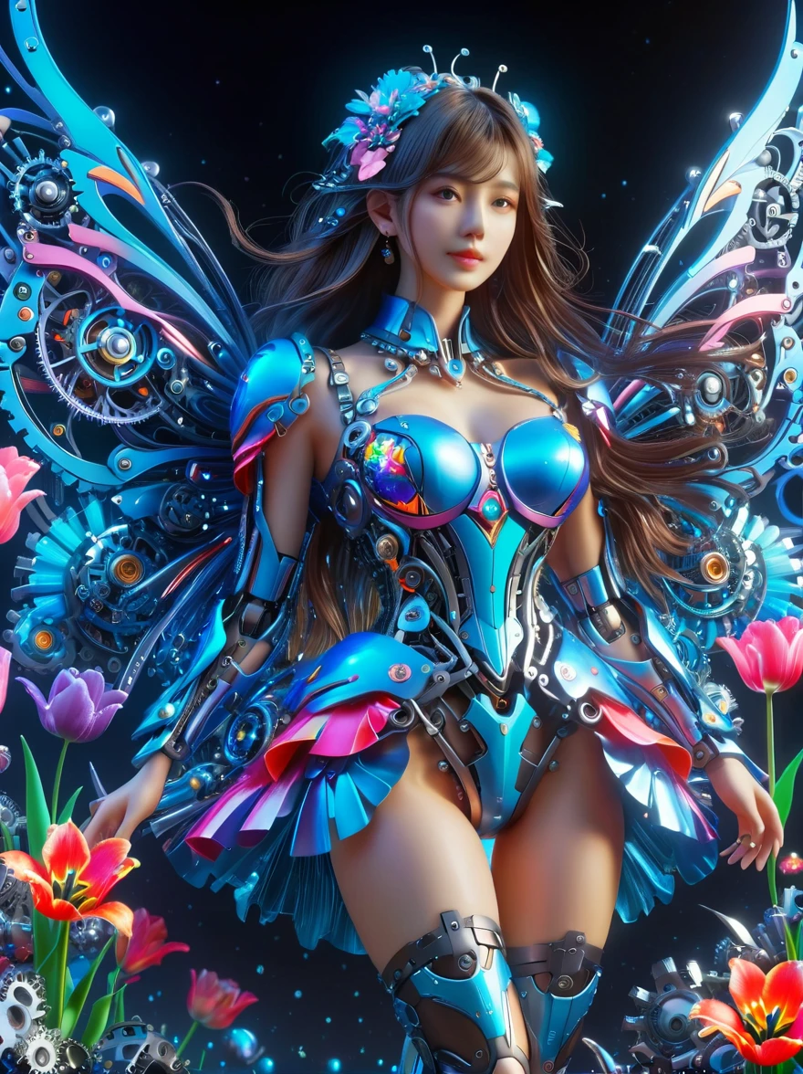 (3D，Mechanical feel，cute，ais-scrapyrd 1girl，tulip)，(使用广角镜头拍摄whole body图像:1.9)，(masterpiece:1.1)，(Highest quality:1.1)，(HDR:1.0)，Ambient Light，Ultra high quality，(Ultra-detailed original illustrations)，(1 Girl，whole body)，(Rainbow Skirt)，(Slender thighs)，(由tulip花朵制成的鞋子: 1.5)，((Harajuku Fashion))，((Flowers with human eyes，Eye disease))，Double Exposure，Fusion of Fluid Abstract Art，Fault，(Original illustration composition)，(Limited color blending，Extreme art style，Geometric artstyle), , Colorful neon lights，High-tech mechanical parts，Metal body，Detailed Vibranium Flower Design，Vibrant colors，Dynamic glowing flowers，Reflective metal surface，Bright environment，Dynamic poses，Exquisite existence，Skills Improvement，Interlocking mechanical gears，Stylish design，motion blur effect，Detailed metal treatment，Sci-fi atmosphere，Streamlined aerodynamic shape，Laser scanning pattern，Holographic projection，LED light track，Beautiful and unforgettable，Advanced sensors，Complex algorithms，Ominous and mysterious atmosphere，Electric Spark，Shiny chrome，Propulsion systems of the future，(Best quality，8k，high resolution，masterpiece:1.2)，Super detailed，(whole body:1.8), magazine photography，一个cute的女孩形象，Popular on social platforms，((Dopamineism))，(((Dopamine color matching)))，Dopamine，(in the style of Y2K)，Luo Erchun，3D古风，Oriental poetry and painting