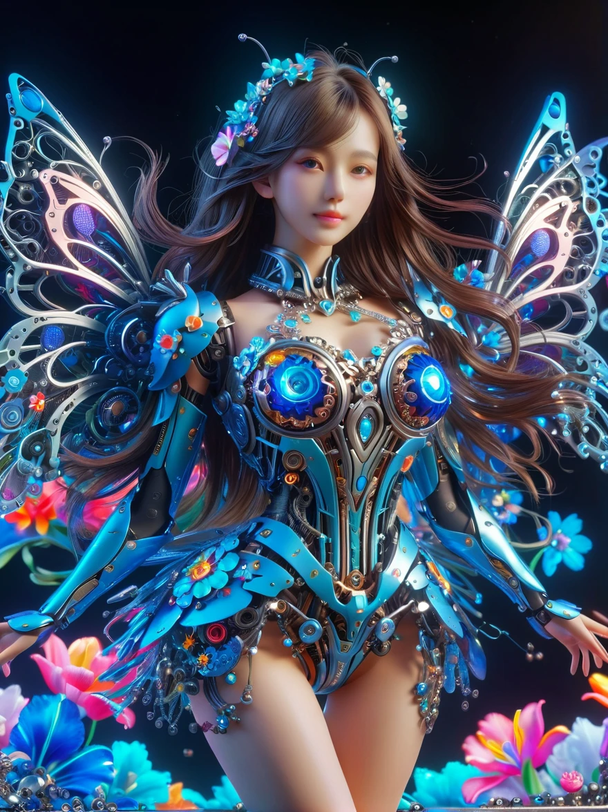 (3D,Mechanical feel,cute,ais-scrapyrd 1girl,tulip),(使用广角镜头拍摄whole body图像:1.9),(masterpiece:1.1),(Highest quality:1.1),(HDR:1.0),Ambient Light,Ultra high quality,(Ultra-detailed original illustrations),(1 Girl,whole body),(Rainbow Skirt),(Slender thighs),(由tulip花朵制成的鞋子: 1.5),((Harajuku Fashion)),((Flowers with human eyes,Eye disease)),Double Exposure,Fusion of Fluid Abstract Art,Fault,(Original illustration composition),(Limited color blending,Extreme art style,Geometric artstyle), , Colorful neon lights,High-tech mechanical parts,Metal body,Detailed Vibranium Flower Design,Vibrant colors,Dynamic glowing flowers,Reflective metal surface,Bright environment,Dynamic poses,Exquisite existence,Skills Improvement,Interlocking mechanical gears,Stylish design,motion blur effect,Detailed metal treatment,Sci-fi atmosphere,Streamlined aerodynamic shape,Laser scanning pattern,Holographic projection,LED light track,Beautiful and unforgettable,Advanced sensors,Complex algorithms,Ominous and mysterious atmosphere,Electric Spark,Shiny chrome,Propulsion systems of the future,(Best quality,8k,high resolution,masterpiece:1.2),Super detailed,(whole body:1.8), magazine photography,一个cute的女孩形象,Popular on social platforms,((Dopamineism)),(((Dopamine color matching))),Dopamine,(in the style of Y2K),Luo Erchun,3D古风,Oriental poetry and painting