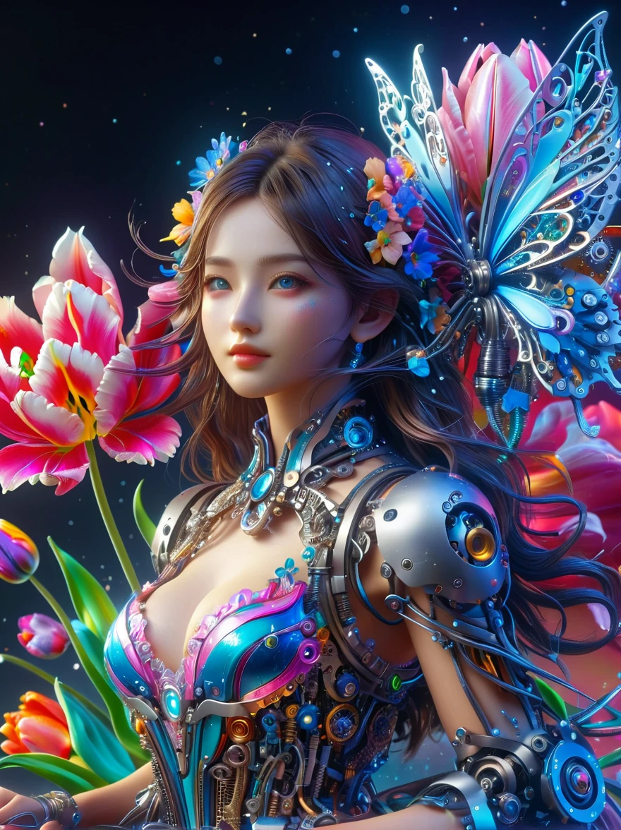 (3D,Mechanical feel,cute,ais-scrapyrd 1girl,tulip),(使用广角镜头拍摄whole body图像:1.9),(masterpiece:1.1),(Highest quality:1.1),(HDR:1.0),Ambient Light,Ultra high quality,(Ultra-detailed original illustrations),(1 Girl,whole body),(Rainbow Skirt),(Slender thighs),(由tulip花朵制成的鞋子: 1.5),((Harajuku Fashion)),((Flowers with human eyes,Eye disease)),Double Exposure,Fusion of Fluid Abstract Art,Fault,(Original illustration composition),(Limited color blending,Extreme art style,Geometric artstyle), , Colorful neon lights,High-tech mechanical parts,Metal body,Detailed Vibranium Flower Design,Vibrant colors,Dynamic glowing flowers,Reflective metal surface,Bright environment,Dynamic poses,Exquisite existence,Skills Improvement,Interlocking mechanical gears,Stylish design,motion blur effect,Detailed metal treatment,Sci-fi atmosphere,Streamlined aerodynamic shape,Laser scanning pattern,Holographic projection,LED light track,Beautiful and unforgettable,Advanced sensors,Complex algorithms,Ominous and mysterious atmosphere,Electric Spark,Shiny chrome,Propulsion systems of the future,(Best quality,8k,high resolution,masterpiece:1.2),Super detailed,(whole body:1.8), magazine photography,一个cute的女孩形象,Popular on social platforms,((Dopamineism)),(((Dopamine color matching))),Dopamine,(in the style of Y2K),Luo Erchun,3D古风,Oriental poetry and painting