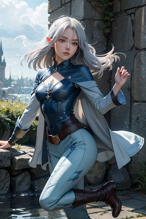 Professor Elowen Mistralight, a 25-year-old elf woman, medium height and delicate elf with silver hair, mysterious and penetrating light blue eyes, He wears a robe with patterns of wind and water, tight light blue fabric pants, long, with navy blue riding boots, the boots reach the knee, a magic wand and castle background, anime style. Individual image of her in full body. He is in action pose. Has one leg raised with the knee bent, His mouth is slightly open as if he had exercised a lot.. He has light skin. She has her hair down and blowing in the wind.. feminine and sexy body.