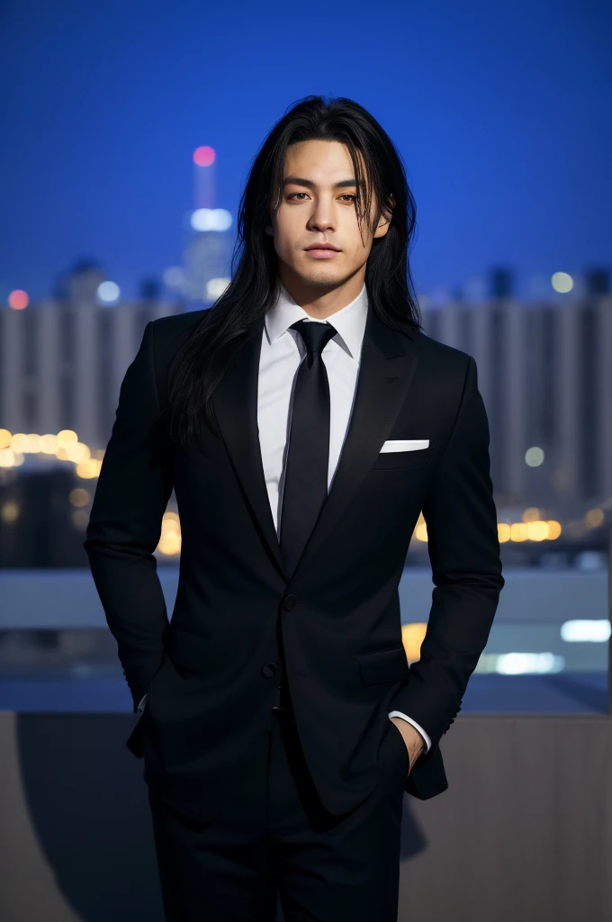 (absurdres, highres, ultra detailed, realistic, ), male, solo, teen, mature, short guy, Small shoulders, , very long hair, black hair, brown eyes, angular jaw, thick neck, thick eyebrows, night, dark, the night view of the city background, formal suit, necktie, upper body
Slimmer body
Belly
slim waist