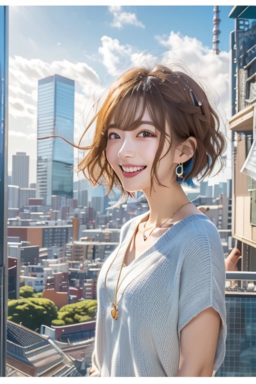 ((Highest quality)), ((masterpiece)), (detailed), ((Highest quality))、RAW、4K、High resolution、Perfect Face, Japanese、28 years old、female、short hair、Bob Hair、light light brown hair、Earrings、necklace、Perfect Anatomy、Anatomically correct body、((Looking up at the blue sky with a smile))、Tokyo cityscape、