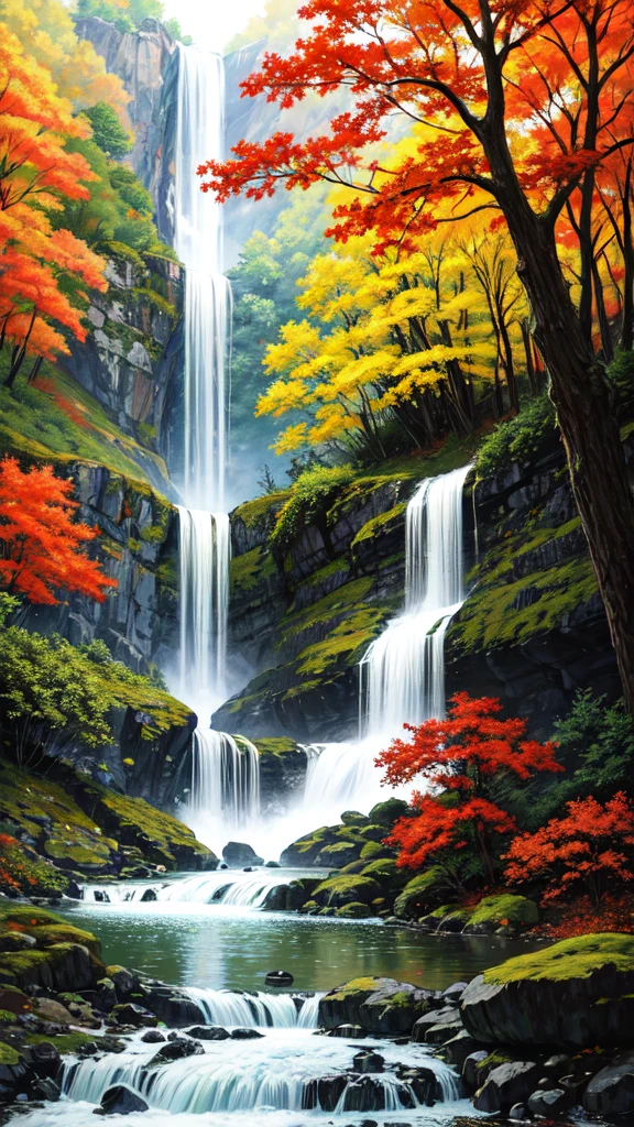 painting of a Fall in a forest with a river running through it, an endless Fall, multiple Falls, Falls, with trees and Falls, floating Falls, (Fall), with Falls, author:Michael James Smith, cascade Falls, flowers and Falls, cascade iridescent Falls, Fall, several Falls, high Falls, cascade, forest and Fall