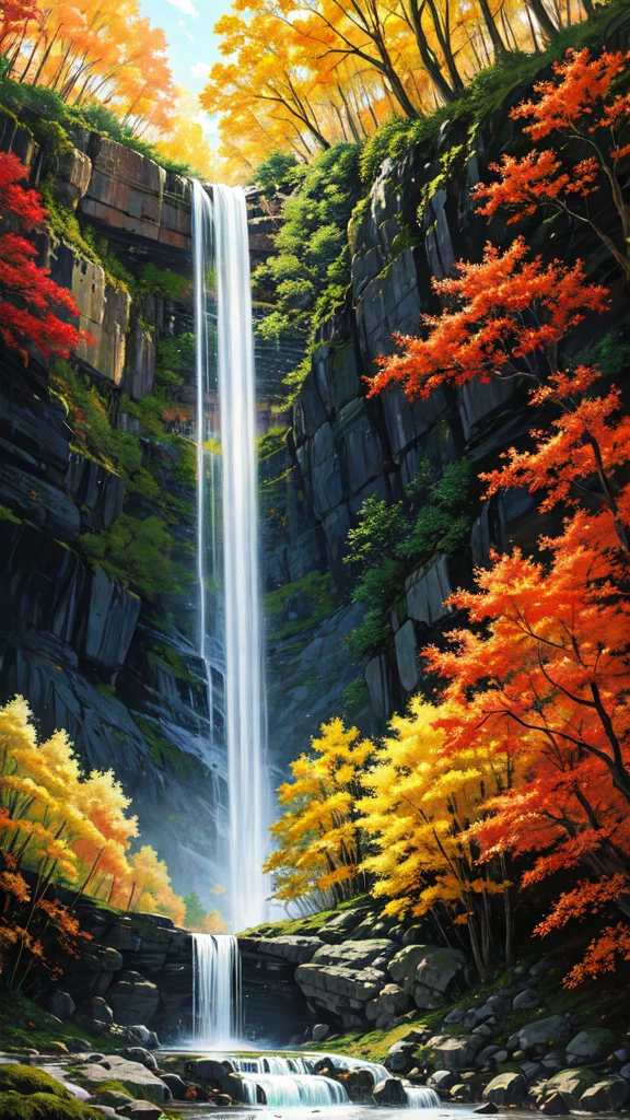 painting of a Fall in a forest with a river running through it, an endless Fall, multiple Falls, Falls, with trees and Falls, floating Falls, (Fall), with Falls, author：Michael James Smith, cascade Falls, flowers and Falls, cascade iridescent Falls, Fall, several Falls, high Falls, cascade, forest and Fall