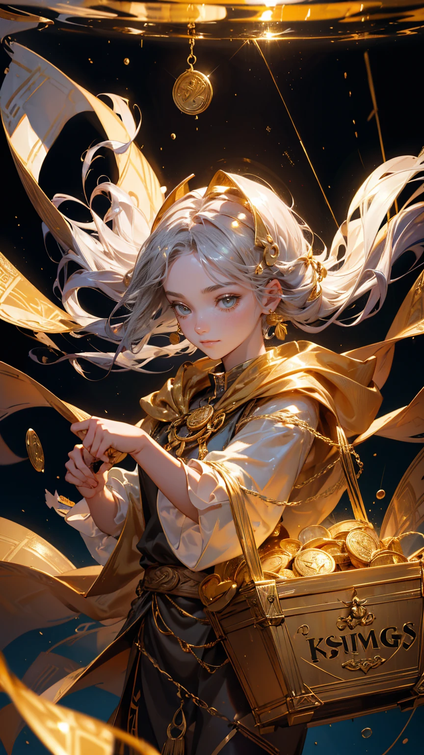 A cute beautiful girl is holding up an iron net to catch gold coins, and there's also the text "Sinuesday" written on it. There was another golden treasure chest with lettering that reads ' KyC' floating in mid-air. The background features silver metallic water flowing around him, creating a surreal atmosphere. Gold coins float all over his body, adding to its charm