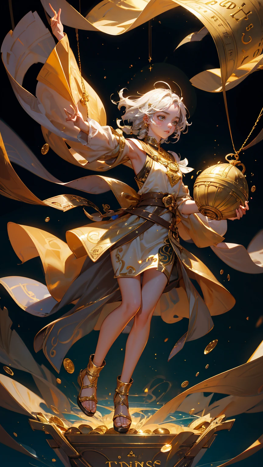 A cute beautiful girl is holding up an iron net to catch gold coins, and there's also the text "Sinuesday" written on it. There was another golden treasure chest with lettering that reads ' KyC' floating in mid-air. The background features silver metallic water flowing around him, creating a surreal atmosphere. Gold coins float all over his body, adding to its charm
