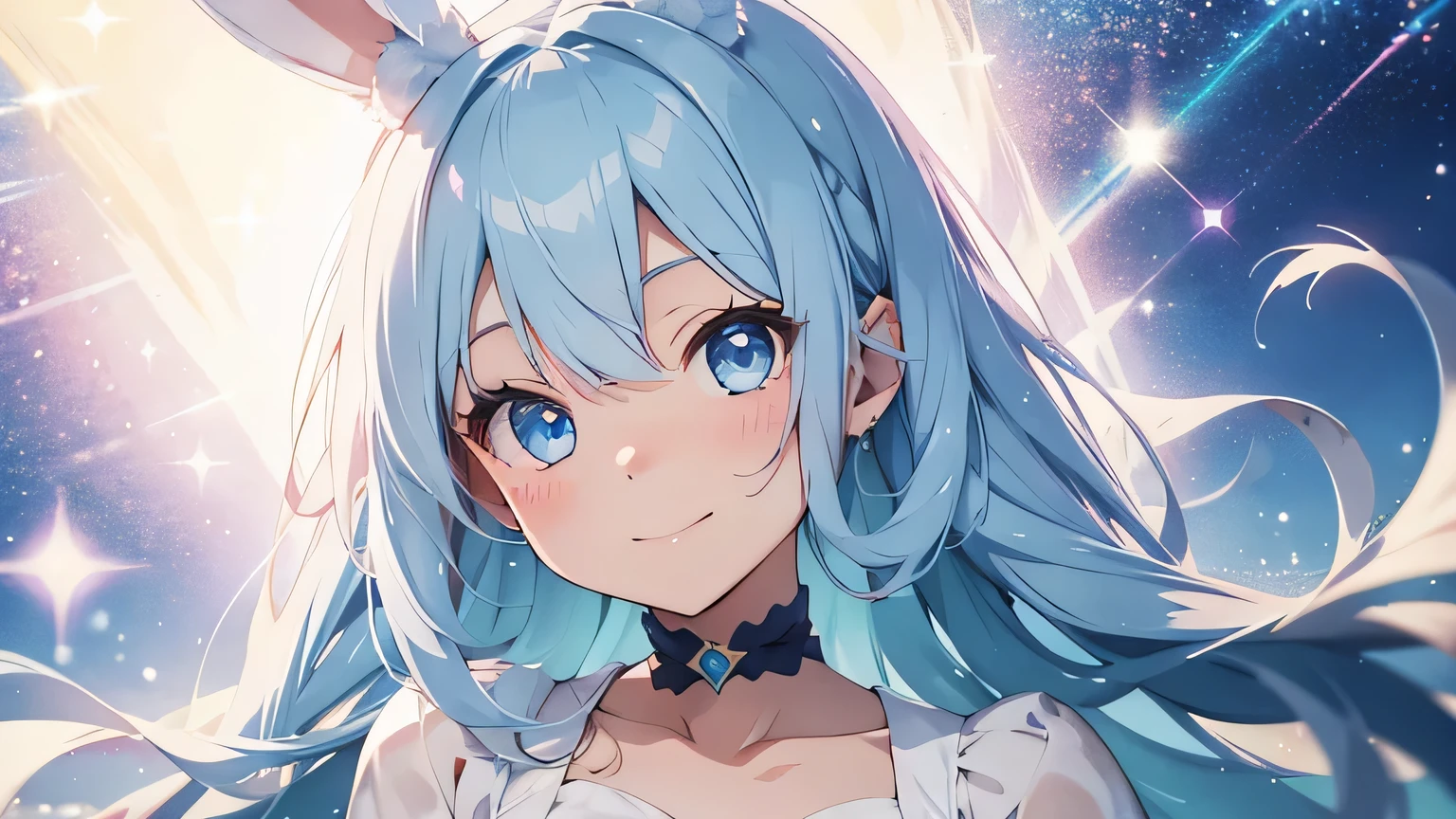 Highest quality, pretty girl, pastel colour, Fluffy bunny ears, Light blue hair,Light blue eyes,Magical girl、smile、Magical Sparkle