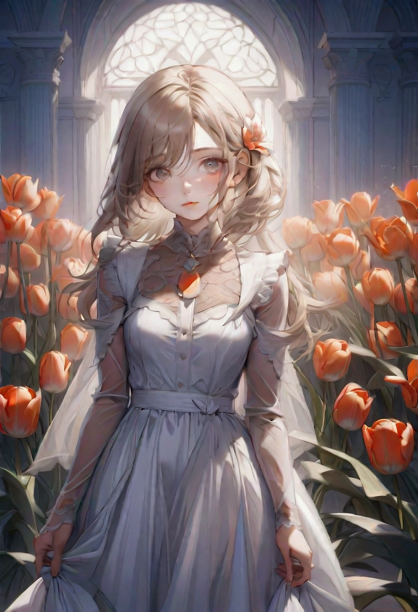 1girl, A field of vibrant tulips, beautiful detailed petals, lush green foliage, serene countryside landscape, warm golden hour lighting, (4k,8k,highres:1.2), ultra-detailed, HDR, UHD, studio lighting, ultra-fine painting, sharp focus, physically-based rendering, extreme detail description, professional, vivid colors, landscape, natural lighting, scenic, idyllic, masterpiece, best quality, very aesthetic, absurdres