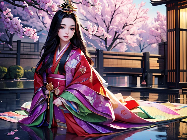 (Highest quality、 8k 、masterpiece、High resolution)、Heian period、A beautiful young woman from the nobility、、(Straight hair、Long, beautiful black hair)，(12 Single layer kimono、The beauty of layered colors)，Official Art、Detailed CG、