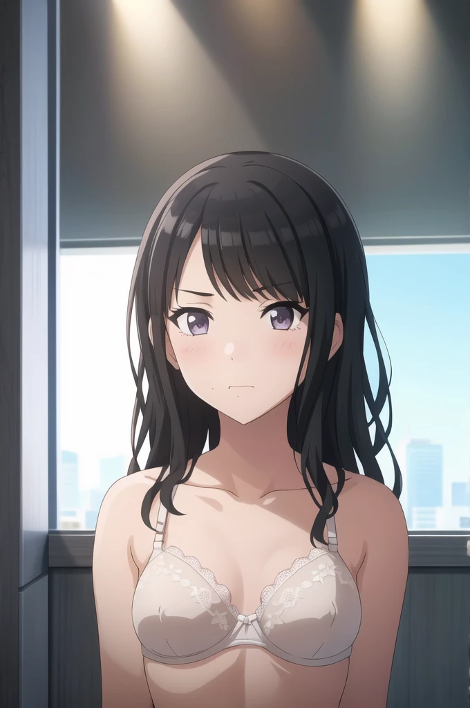 masterpiece, high quality, 8k, Beautiful lighting,sunny day, 1 girl, alone, hiori kazano, ,,((detailed white lace bra)),（（Detailed eyes:1.5））,（（close up:1.5））,,, ((Upper Body)),((Slender body)),,Detailed face,((flat-chest)),,squinting,blush,View your viewers, perfect nipples, detailed erectile nipples, long bangs,