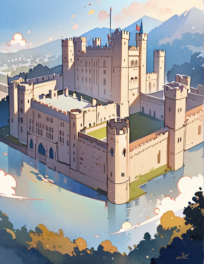 Windsor Castle, The official royal residence of the British monarch, Silent Palace, Castles in England, Watercolor:1.2, Whimsical and delicate, Like an illustration in a children's book, Gentle brushwork, Dim, The pale colors create a fantastical look.