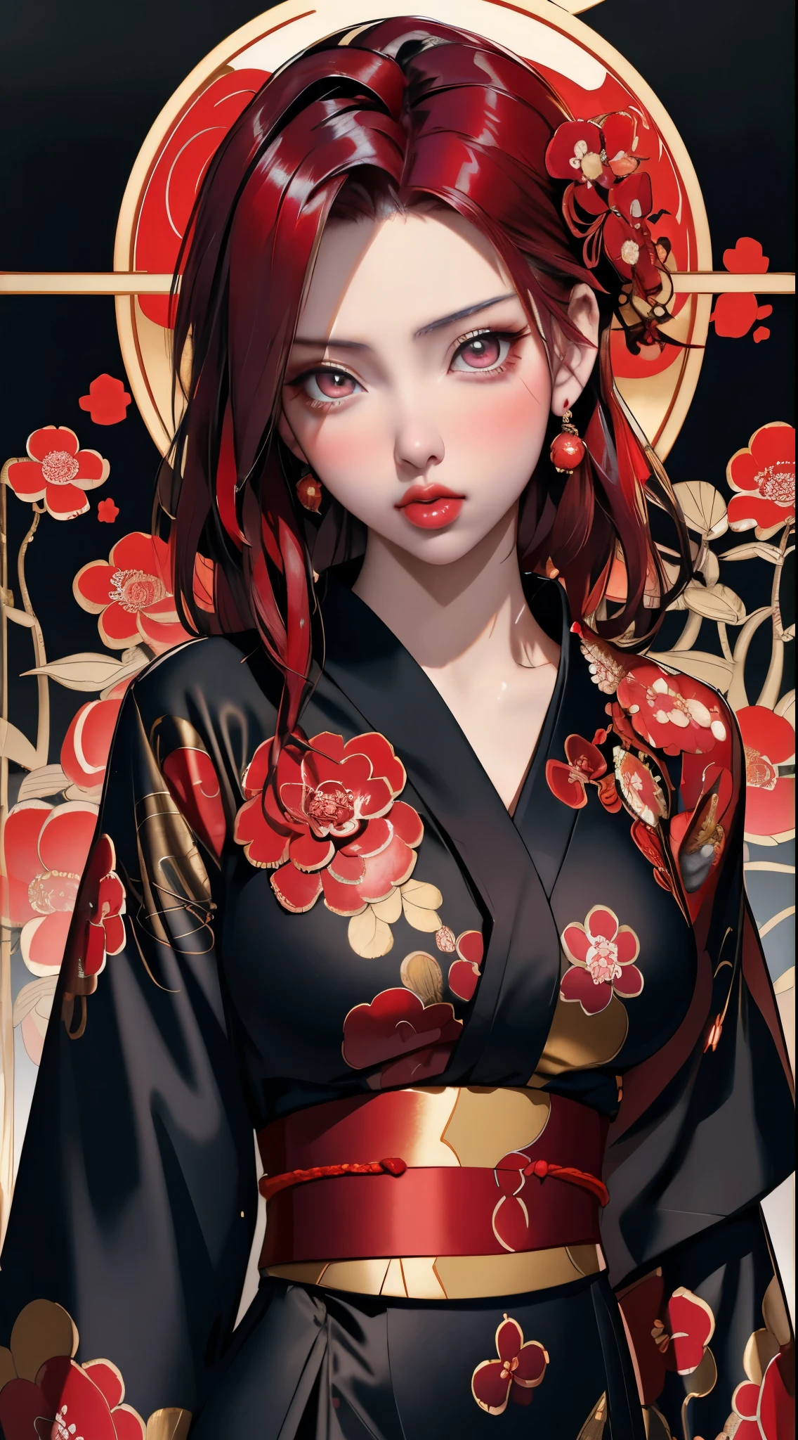 ((Scarlet Johansson)) black widow in a golden red kimono dress with a gold halo, japanese goddess, chie yoshii, elegant japanese woman, portrait of a beautiful geisha, intricate geisha kimono, japanese art style