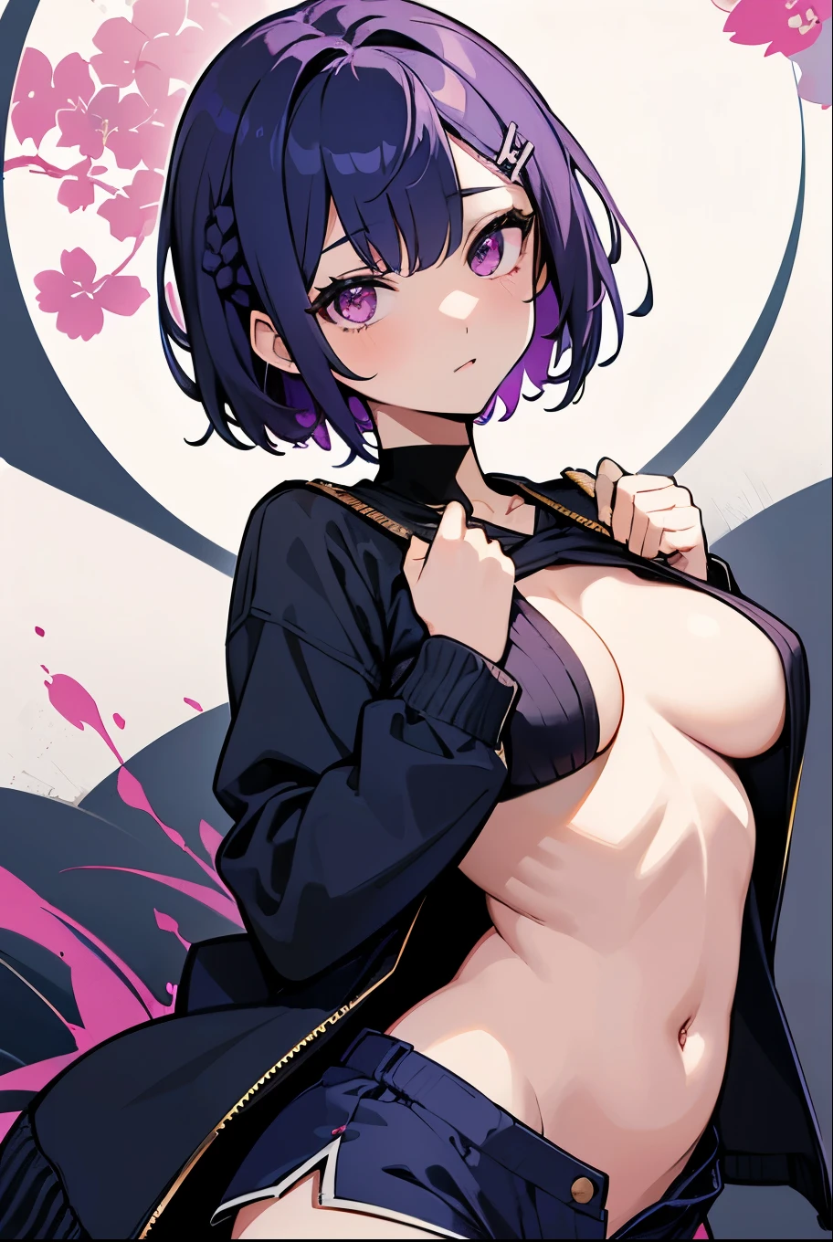 masterpiece, Highest quality, Intricate details, 8k, Ultra-high resolution, Perfect Skin, Detailed eyes, Shizukazomu, One girl, alone, short hair, 濃いpurple色の髪, bangs, hair ornaments, Hair Clip, Pink Eyes, 白いpupil, Large Breasts, clavicle, Sexy Underwear , belly button, abdomen, Pink shorts, Elegant pose, Detailed Background, ((No jacket)),No clothes, Hairstyle(Braiding), Hairstyle(((black navy blue, Dark Navy))), pupil(purple) 