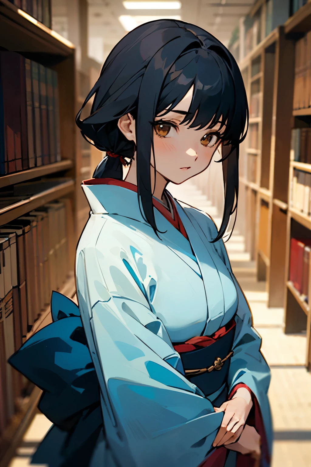 ((best quality)), ((masterpiece)), ((detailed)), anime girl, mature woman, japanese kimono, blue royal kimono, in a library, wolf cut black hair, soft hair, brown eyes, exceptionally beautiful, 