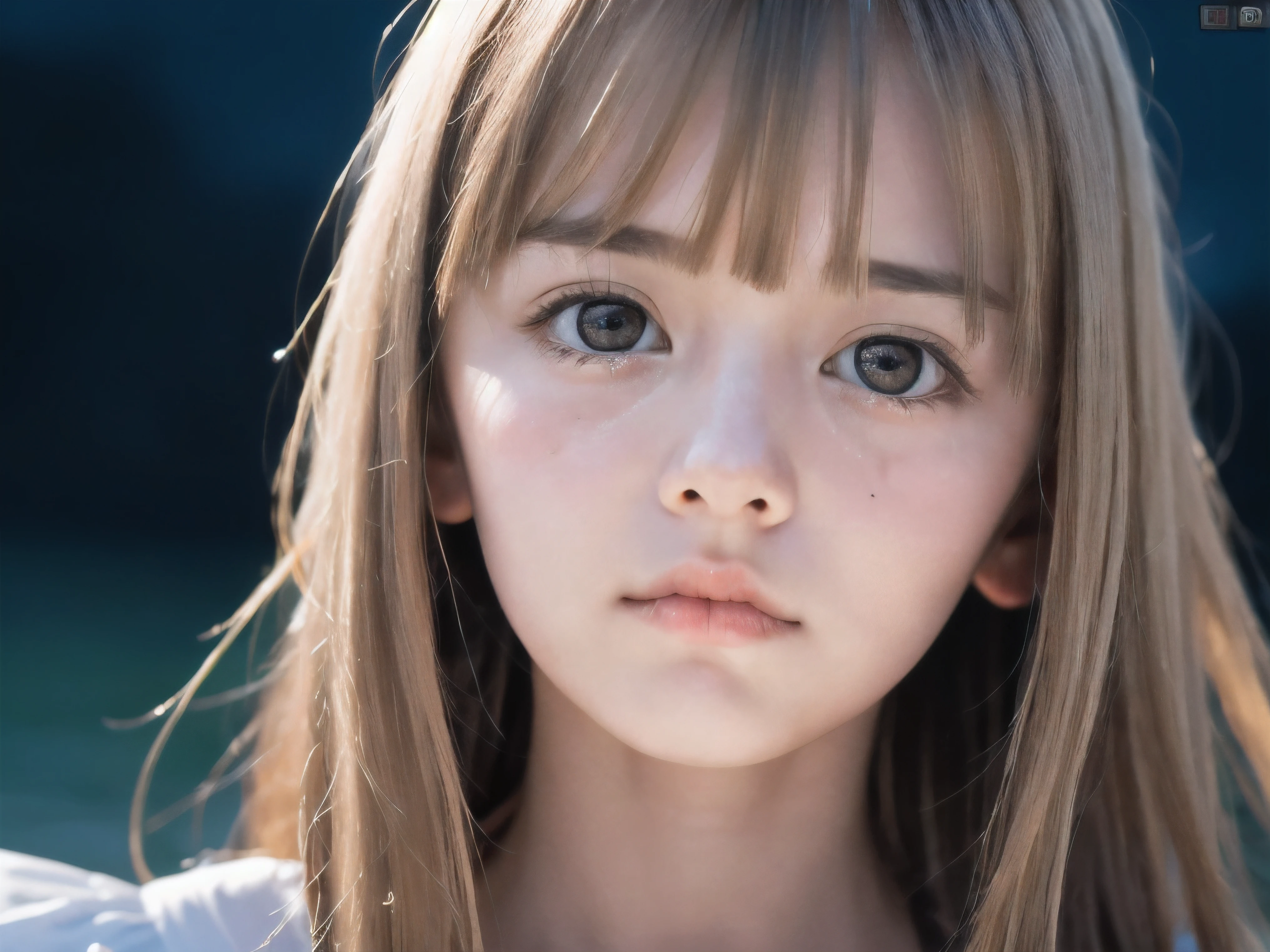 (Close up face shot of slender small-breasted half up blonde long hair with bangs girl wearing a white summer dress:1.5)、(One blonde hair girl is crying with tears at the cape of the sea in Japan:1.5)、(Beautiful midnight with full moon on the sea:1.5)、(blurred background:1.5)、(Natural light:1.5)、(8k ultra detailed master piece:1.5)、(perfect anatomy:1.5)、(Photorealistic stick:1.5)、(Raw photo:1.3)、(highest quality:1.5)、(High resolution:1.3)、(Delicate and beautiful perfect face:1.3)、(Delicate and beautiful eye air skin:1.3)、(Real Human Skin:1.3)、((thin legs))