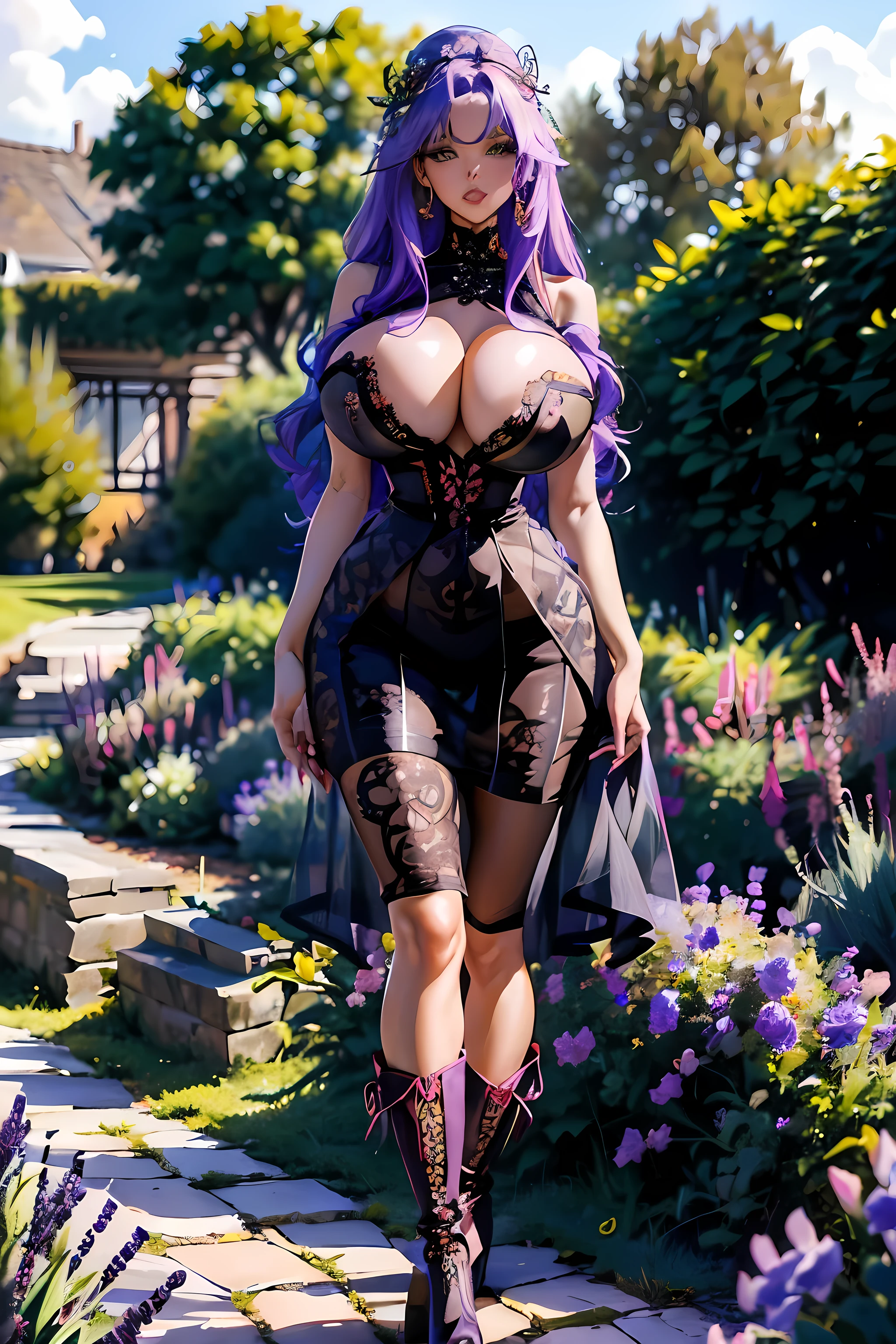 (((1 girl on lavender field))). ((Hair: Purple, shimmering with light and dark tones)). (green-amber eyes), (Face: Heart-shaped, with high cheekbones and a small nose), (((Body: Colossal breasts, prominent hips and wasp waist))). (Skin: Smooth, creamy, without freckles). ((Top: Sheer Floral Lace Corset combining translucent floral lace and intricate embroidery with a silk bralette base)). (A dramatic skirt with a high-low hemline and an asymmetrical cut. The silk fabric features sheer layers and bold, iridescent floral patterns), (Outerwear: Sheer Botanical-patterned Kimono), (Decorative Platform Boots: High-heeled platform boots with lace-up fronts and botanical embroidery), Accessories: Chunky Seed Necklace, Chandelier Leaf Earrings, (Hair: Loose, cascading waves complemented by a bejeweled hairpins), (Makeup: Bold and refined, featuring deep green or earthy-toned eyeshadow with a rich berry), Lira's physique is a striking example of exaggerated sexual allure. Her measurements are extreme, with a voluptuous bust (B105), a dramatically narrow waist (W50), and wide, shapely hips (H95). Every curve is meticulously designed to draw attention and desire.