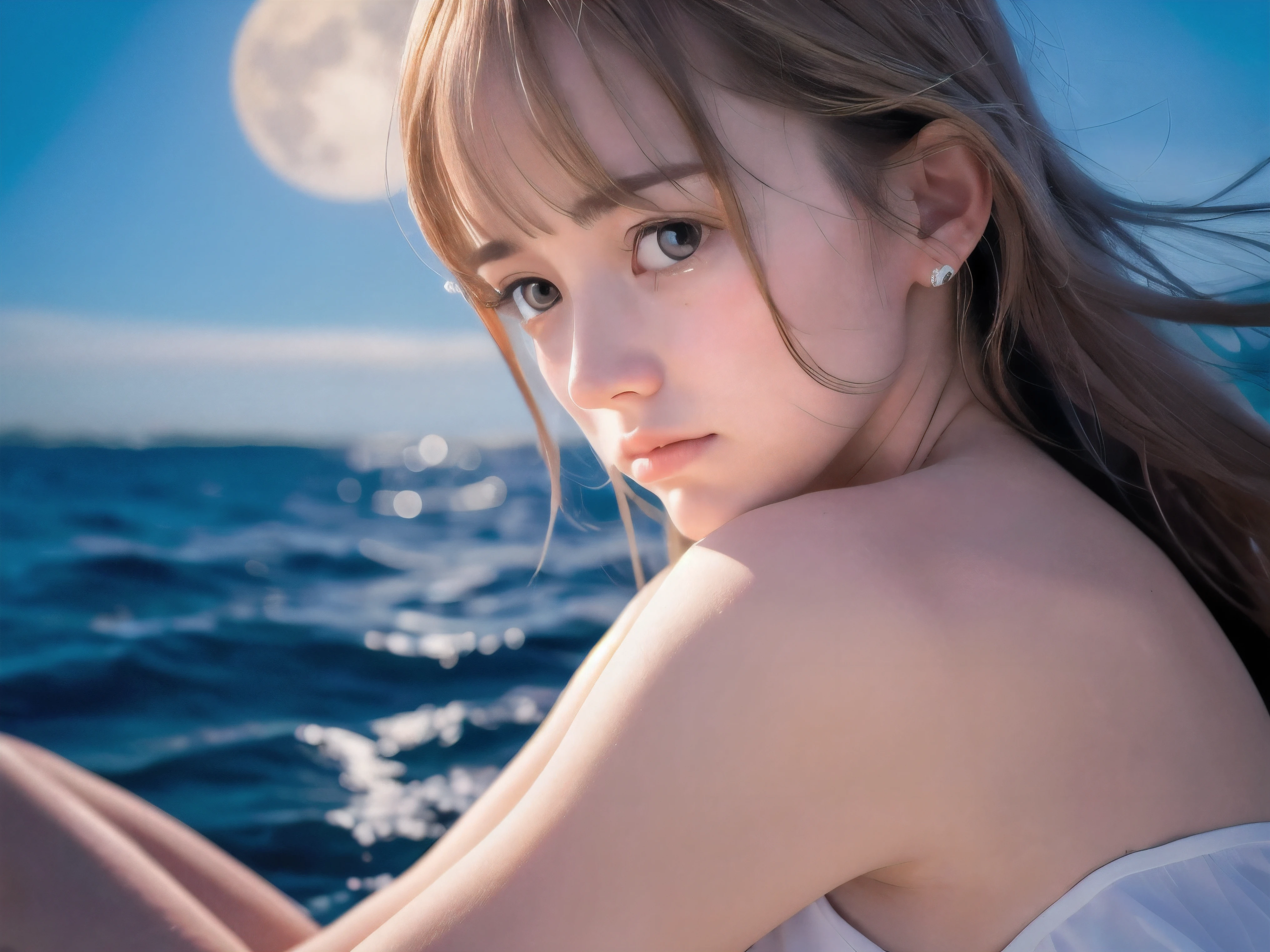(Close up face shot of slender small-breasted half up blonde long hair with bangs girl wearing a white summer dress:1.5)、(One blonde hair girl is crying with tears at the cape of the sea in Japan:1.5)、(Beautiful midnight with full moon on the sea:1.5)、(blurred background:1.5)、(Natural light:1.5)、(8k ultra detailed master piece:1.5)、(perfect anatomy:1.5)、(Photorealistic stick:1.5)、(Raw photo:1.3)、(highest quality:1.5)、(High resolution:1.3)、(Delicate and beautiful perfect face:1.3)、(Delicate and beautiful eye air skin:1.3)、(Real Human Skin:1.3)、((thin legs))
