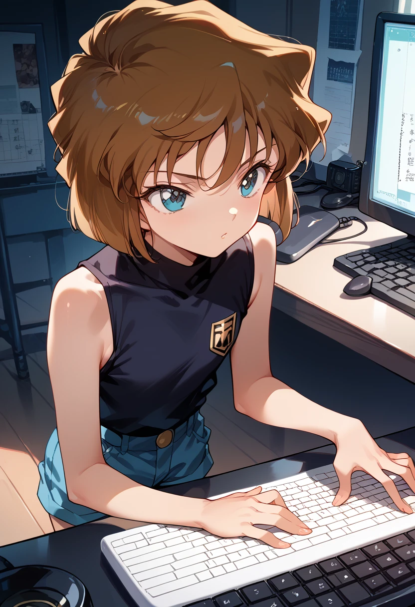 masterpiece,High resolution,Highest quality,8k
(Detective Conan,ai haibara)
(***************,,Flat Chest,Short,Brown Hair,short hair)
(White,Black sleeveless,Navy blue shorts)pc,Typing on the keyboard,focusing